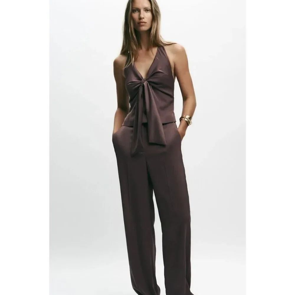 Zara Womens Jumpsuit Small Taupe Brown Bow front Satin Halter Neck 8757/511 NWT